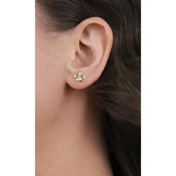 14k Yellow Gold Four Leaf Clover Earrings Stud Post 3/8" x 1/4" - Picture 5 of 9